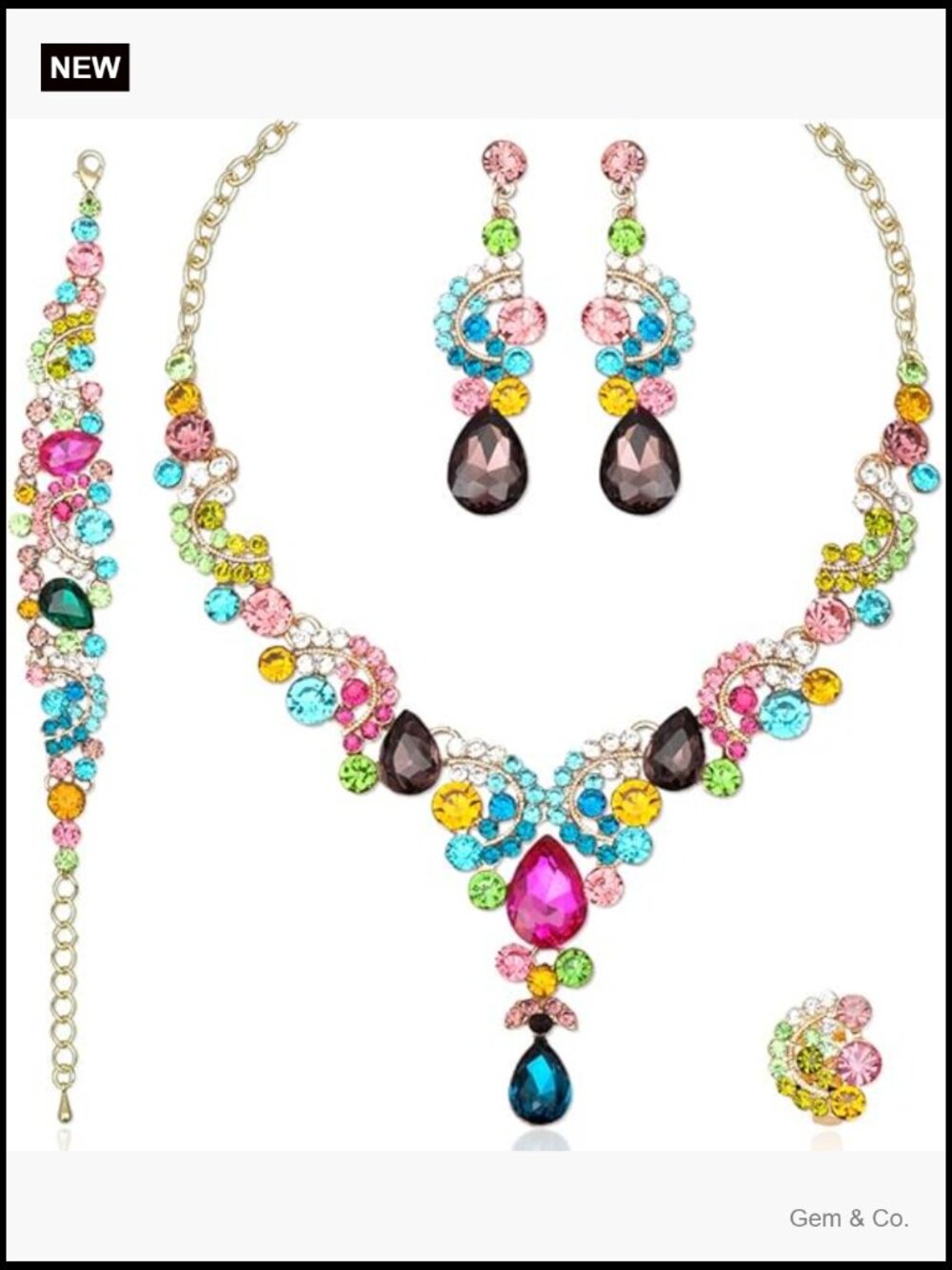 Elegant Crystal Bridal Jewelry Set - Necklace Earrings Bracelet Ring